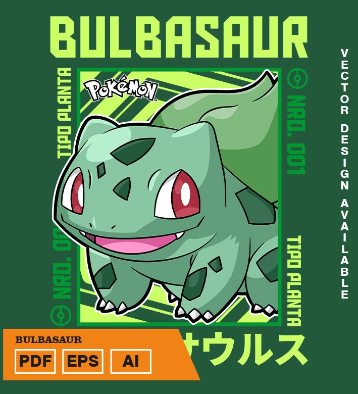 REYERY Plantilla diseño de camisetas vectoriales de anime poke bulbasour - Imagen 1