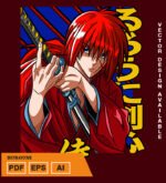 Plantilla diseño de camisetas vectoriales de anime samurai