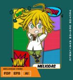 Plantilla diseño de camisetas vectoriales de anime 7 Pecados Meliodas chibi