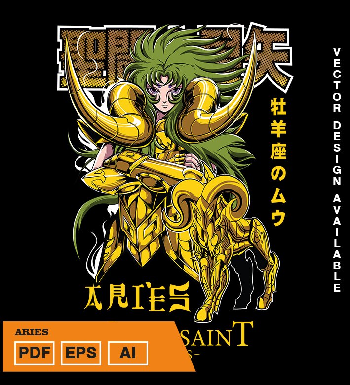 YUJYUU Plantilla diseño de camisetas vectoriales de anime Caballeros Aries - Imagen 1