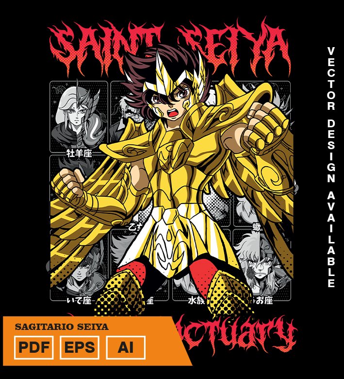 uiuyiuyi Plantilla diseño de camisetas vectoriales de anime Caballeros Sagitario - Imagen 1